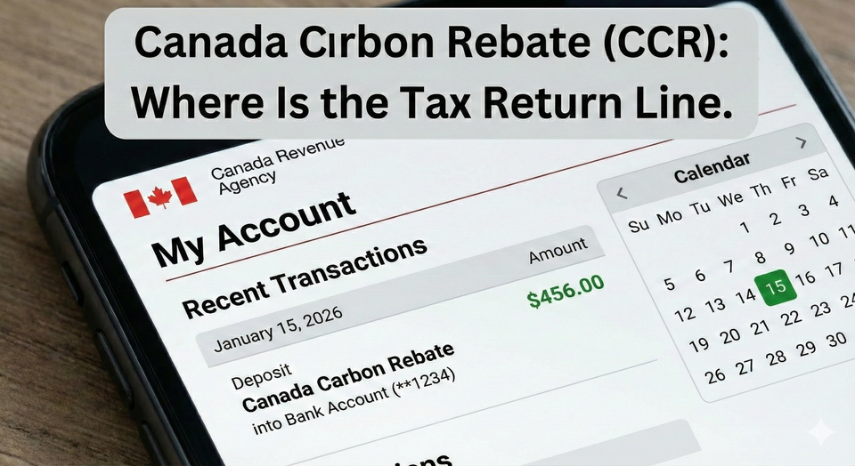 A digital screenshot of a CRA 'My Account' portal showing a 'Canada Carbon Rebate' payment of $456.00 deposited into a bank account, with a calendar highlighted on the 15th