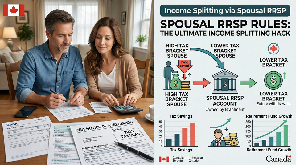 A Canadian couple sitting at a dining table reviewing financial documents and a CRA Notice of Assessment