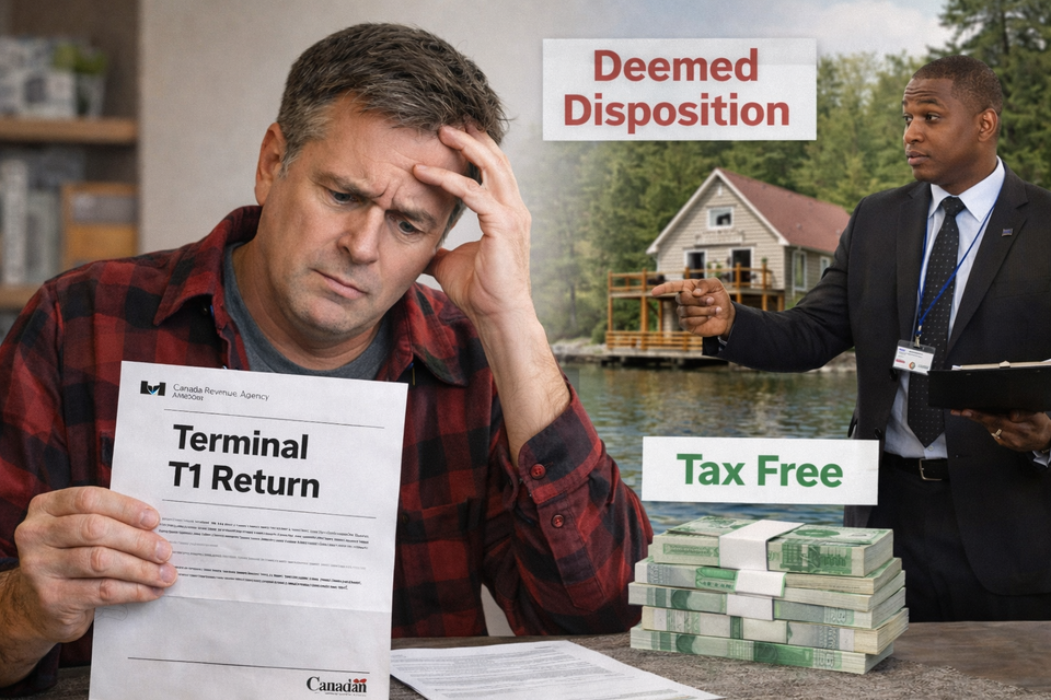 A Canadian executor stressing over a Terminal T1 Return next to a pile of cash labeled Tax Free, while a CRA auditor points to a cottage labeled Deemed Disposition. Tag
