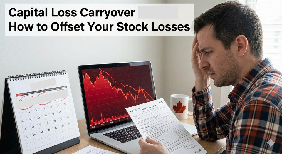 A Canadian investor looking at a red stock chart on a laptop, holding a CRA Form T1A Request for Loss Carryback,