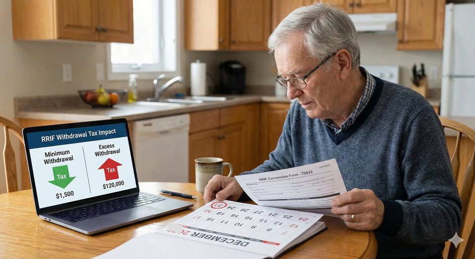 A Canadian senior looking at a calendar circled  holding a form, with a split-screen graphic showing the tax difference between a "Minimum Withdrawal" and an "Excess Withdrawal