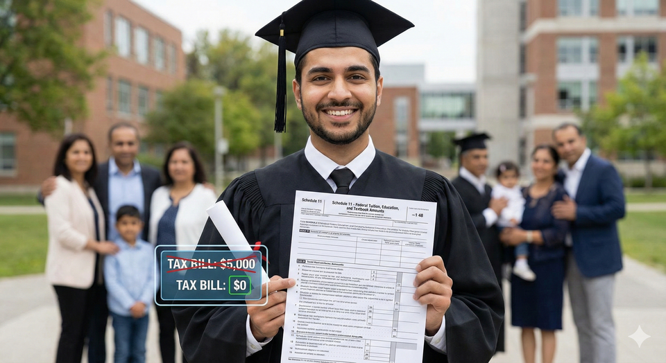 A Canadian university graduate holding a diploma in one hand and a Schedule 11 tax form in the other, smiling as a graphic overlay shows their tax bill dropping from $5,000 to $0