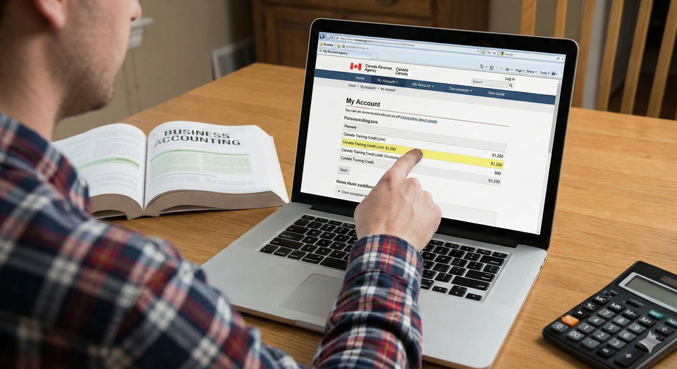 A Canadian worker logging into their CRA My Account on a laptop, pointing to a highlighted line reading Canada Training Credit Limit $1,250, with a textbook and calculator on the desk.