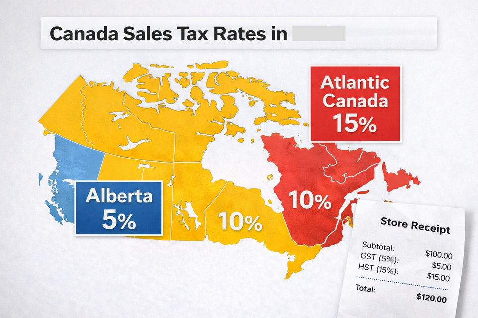 A map of Canada in 2026 color-coded by sales tax rates, highlighting Alberta at 5% and Atlantic Canada at 15%, with a receipt showing the GSTHST breakdown.