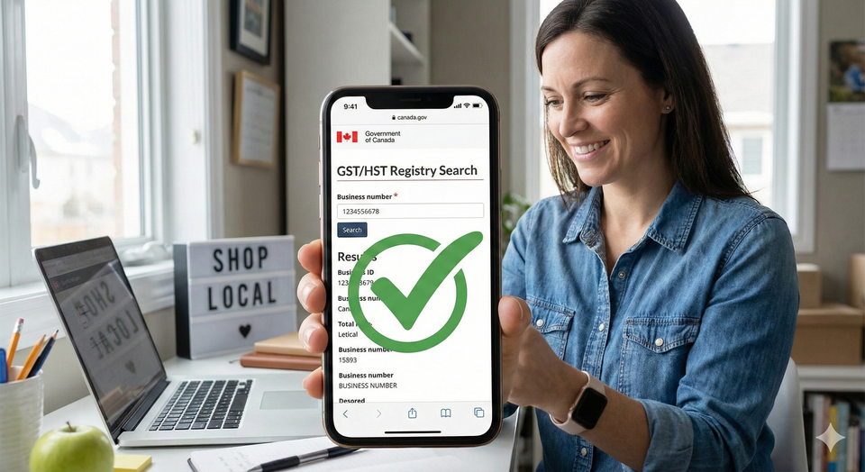 A small business owner using a smartphone to search the CRA GSTHST Registry page, with a green Verified checkmark appearing over a valid Business Number.